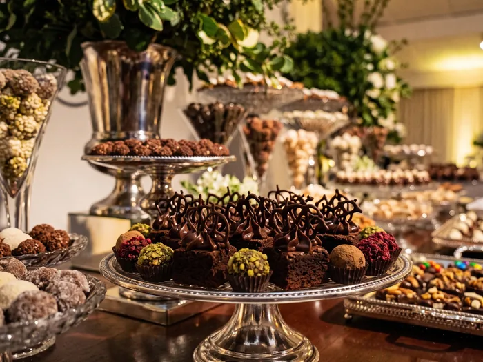 Mesa de doces e chocolates Kaluanda montada para um casamento